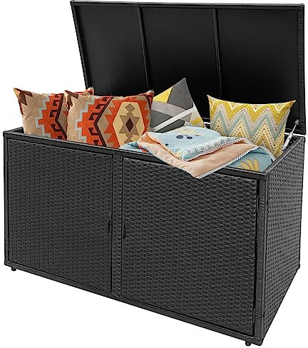 GOPLUS 335L Polyrattan Auflagenbox, Kissenbox Aufbewahrungsbox mit 2 Ablagen & Deckel, Gartenschrank für Garten, Balkon, Terrasse, Pool (Schwarz)