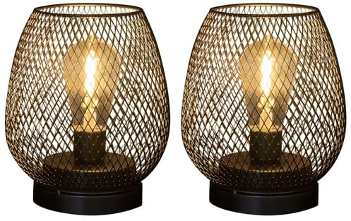 pearlstar 2 Pack Metal Battery Operated Table Lamp Metal Cage Shape Cordless Lanterns with LED Edsion Bulb for Patio Garden Wedding Parties Indoor Outdoor Living Room (Black)