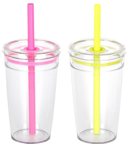 Yisituo 2 Pack 450ml Clear Plastic Iced Coffee Travel Cups, Reusable with Lids and Straws, for Cold Hot Beverages (2, Rose, Green)