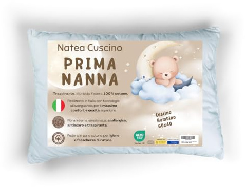 Natéa - Kissen für Kinderbett 40 x 60 cm, Kissenbezug 100 % Baumwolle OEKO-TEX® 100 zertifiziert, weiches Babykissen, atmungsaktiv und milbendicht, für Bett von 1, 2, 3 Jahren, zu Hause, im