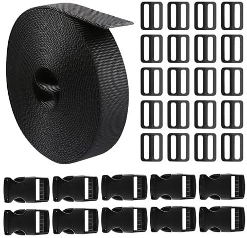 Schwarz Nylon Gurtband 10 m x 25mm Schnallen Gurtband Set Kunststoffschnalle Gurtband mit 30 Einstellbare Schnallen und Verschlüsse, für DIY Handwerk Rucksack Tasche Gurtband Gepäck Befestigung