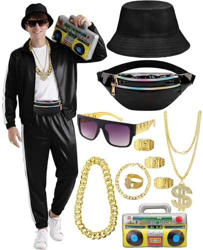 80er 90er Jahre Trainingsanzug Outfit Herren, Kostüm Jogginganzug Hose Set, Aufblasbarer Ghettoblaster Bauchtasche Sonnenbrille Hut Halskette Armband Ring, Hip Hop Sportbekleidung Karneval Mottoparty