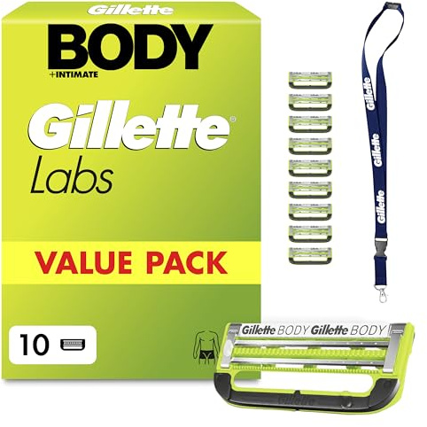 Gillette Labs Body & Intimate Rasierklingen, 10 Original Ersatzklinge, Grün | für Intimrasierer Mann, 2 Klingen für Schutz Gegen Eingewachsene Haare Und Irritationen, Langanhaltender Gleitstreifen