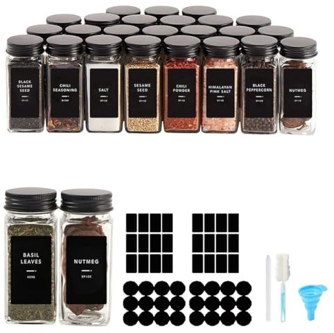 FARYODI Lot de 24 pots à épices carrés avec couvercle et accessoires, 120 ml, 340 étiquettes, pots à épices avec entonnoir, autocollants vides, tamis