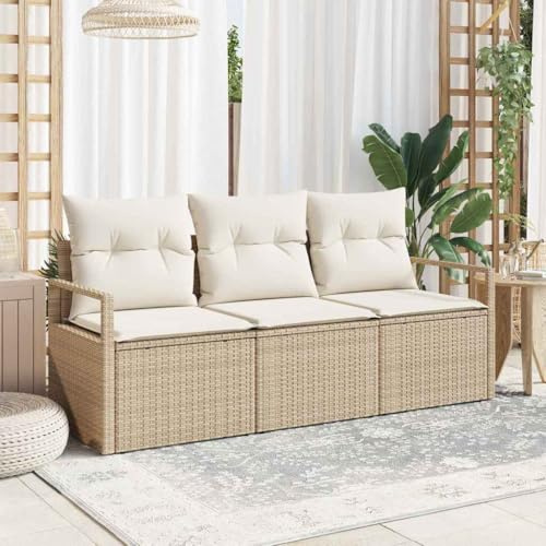 Mokuyary Sofa Set mit Kissen 3 pcs Beige Poly Rattan Gartenmöbel Set, Outdoor Balkonset Terrassenmöbel, Gartenlounge Sitzgruppe für Terrasse, Balkon, Garten