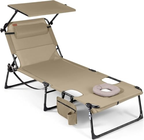 Homecall XXL Sonnenliege mit Gesichtsöffnung & Sonnendach, bis 180 kg (2, Beige)