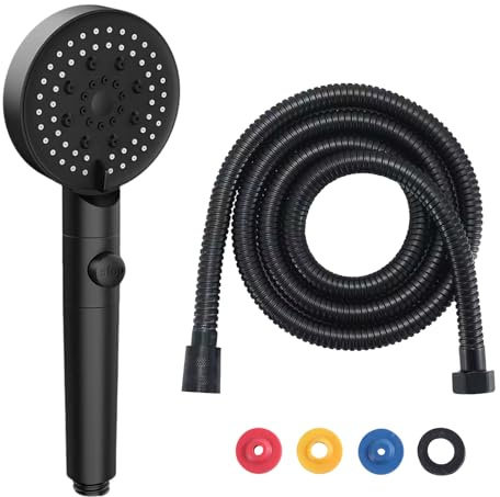 GEFIRE Duschkopf mit Filter 5 Strahlarten Duschsparkopf mit Stoppfunktion Schwarz Hochdruck-Regendusche Duschkopf Schlauch 1,5 m Brausekopf mit Antikalk-Funktion Leicht zu Reinigen