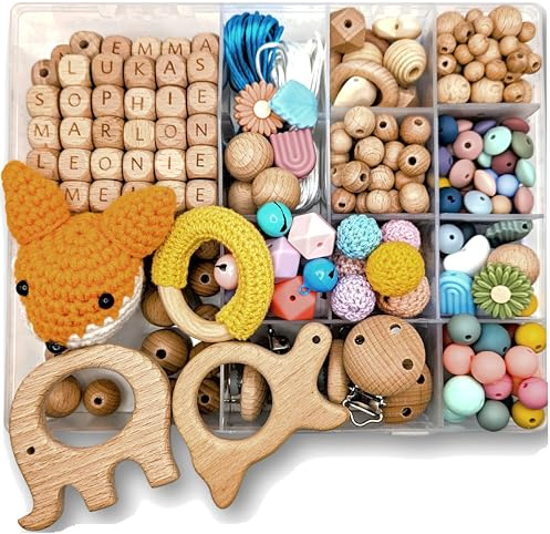 Storchenkind® DIY Bastelset zum Selber machen Set – 150-teilig inkl. deutscher Videoanleitung, kreative Babyparty Spiele, Baby Schmucket Schmuckset, mit Silikon- und Holzperlen (300 Teile)