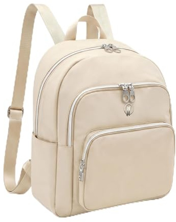 HELLSER Damen Rucksack klein 34x27x15cm – Stylischer Cityrucksack mit Laptopfach bis 13 Zoll, wasserabweisendes Polyester& Koffergurt – Creme
