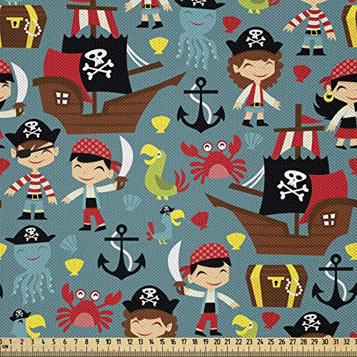 ABAKUHAUS Pirates Stoff als Meterware, Retro Kinder Abenteuer, Seidiger Satin Stoff Zum benähen von Heimtextilien, 2M (148x200cm), Teal