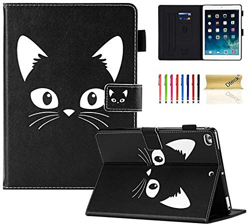 Dteck Étui Portefeuille en Cuir PU avec Support de Mise en Veille Automatique pour Apple iPad 6e/5e génération, iPad Air 1 2 9,7 002 Black Cat