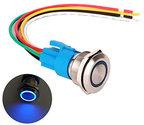 Gebildet 22mm Pulsante Momentaneo in Acciaio Inossidabile, 230V AC 5A LED 1NO1NC SPDT ON Off Bottone Impermeabile con Spina a Filo (LED Blu)