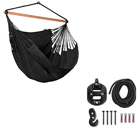 LA SIESTA® Habana - Chaise-Hamac Bio en Coton Kingsize et CasaMount Black - Fixation Multi-Surface pour hamacs, Rotation à 360°, Design Courbé, Fabrication Colombienne - Onyx, Kingsize avec Fixation