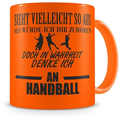 Samunshi® Ich denke an Handball Tasse Kaffeetasse Teetasse Kaffeepott Kaffeebecher Becher H:95mm/D:82mm neon orange