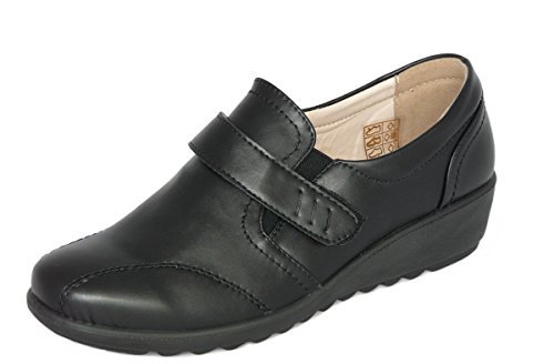 Cushion Walk EEE Wide Fitting Women's Ladies Lightweight Black Leather-Lined Touch Fastening Low Wedge Shoes, Casual Work Office Comfort Shoes (Black, Numeric_8)
