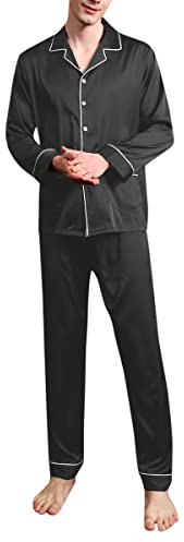 Allthemen Pigiama Set da Uomo a Manica Lunga 2 Pezzi Classic Lounge Wear Sleepwear Tradizionale da Notte Nero M