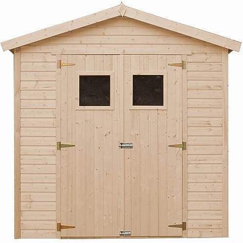 TIMBELA Holz Gartenschuppen MIT IMPRÄGNIERTEM Boden - Abstellkammer mit Fenstern -H228x222x233 cm/4,2 m² Naturholz-Shiplap-Schuppen - Gartenwerkstatt - Fahrrad- Geräteschuppen M351+M351G