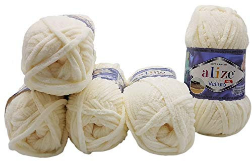 5 x 100 Gramm Alize Velluto Strickwolle, Babywolle, 500 Gramm Wolle Super soft Bulky (Creme 62)