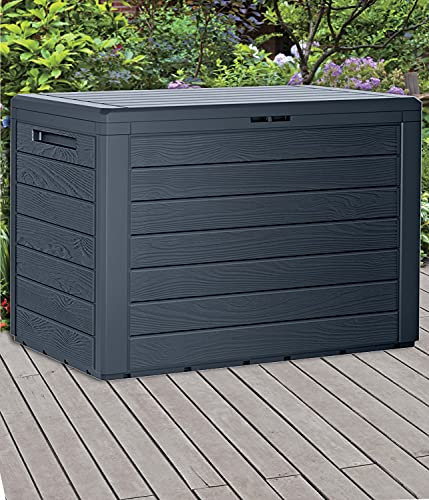 URBNLIVING Anthracite 190L Wood Design Outdoor Storage Box Garden Patio Plastic Chest Lid (Horizontal Stripes, Pack of Two)