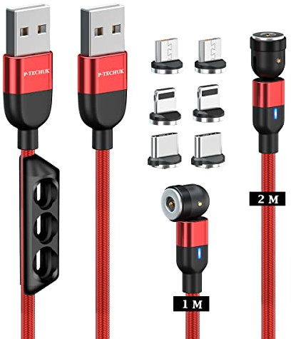 P-TECHUK 540° Rotating Magnetic 3 in 1 Charging Cable, Phone Magnetic Charging Cable, Magnetic Charger Cable, Magnetic cable. (1M 2M cables, 6 tips, 1 x tip holder) A15