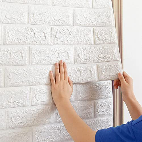 uyoyous 10 Stück 3D Wandpaneele Selbstklebend 70x77 cm Steinoptik Tapeten Ziegel Wandaufkleber Wasserdicht Wandtapete 3D Tapete für Küche Schlafzimmer Wohnzimmer Hintergrund, Weiß