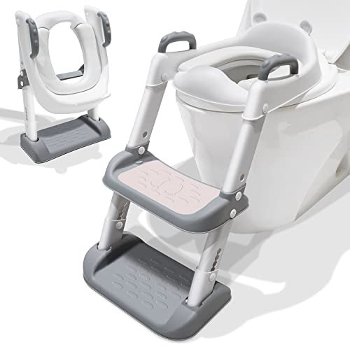 Réducteur WC Enfant, Siege Toilette Chaise Pour L'apprentissage Des Tout-Petits, Coussinet Antidérapant Avec Poignées, Hauteur Réglable, Tabouret Pliable, Gris