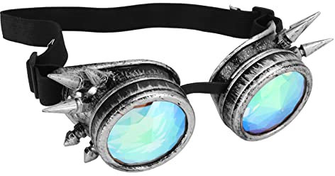 Alomejor Halloween Kaleidoskop Brille, Regenbogen Kristalllinsen, Verstellbare Psychedelische Steampunk Brille (Antikes Silber)