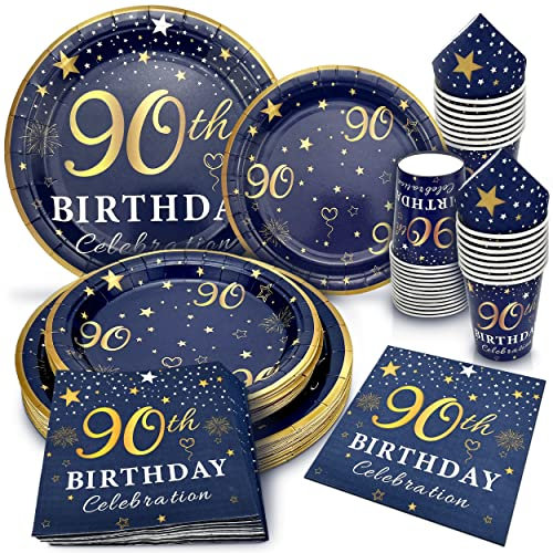algpty 90th Birthday Decorations Plates and Napkins Blue and Gold, Service for 30, 90th Birthday Party Bundle Supplies Includes Navy Blue Plates, Napkins, Cups for Men Women