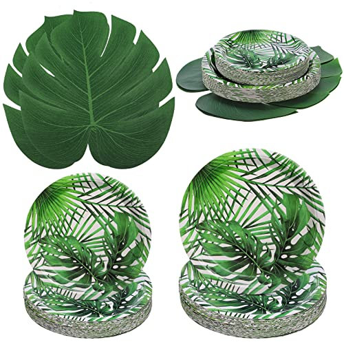 Fuutreo 124 Pcs Hawaiian Luau Party decorations Include 100 Pcs Tropical Paper Plates 7'' 9'' Palm Leaf Plates and 24 Artificial Palm Leaves Dining Mat for Tropical Safari Jungle Luau Party Supplies
