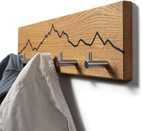 WOODS Garderobe aus Eichenholz mit Berg Motiv | handgefertigt in Bayern | Garderobenleiste Holz | Hakenleiste Wandgarderobe Handtuchhalter (Edelstahl Haken, 85cm (7 Haken))