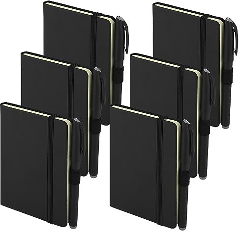 SIMDAO 6Pcs Notizbuch A6, 9 x 14 cm Kleine Notizbücher mit mit Stiften, Gummibandverschluss, Hardcover mit Soft-Touch-Pu-Cover, Mini Notizbuch Pocket Notizbuch (Schwarz)