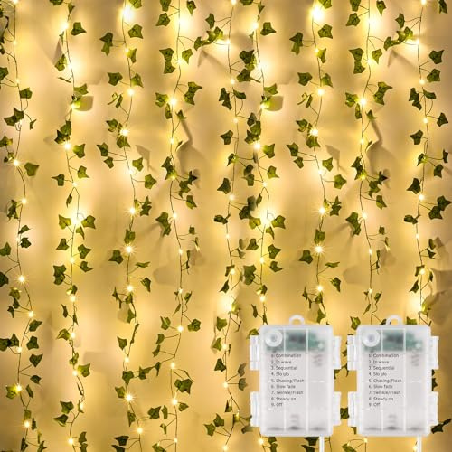 GuKKK 2 Stück LED Lichterkette Efeu Künstlich, 10M Fake Efeu Girlande mit 100 LED-Licht Batterie, Lichterkette mit Blättern, Efeu Künstlich mit Lichterkette, für Innenberei, Hochzeit, Party Deko