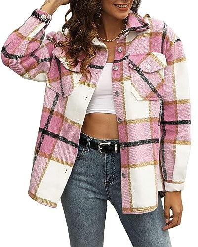 Timuspo Veste chemise à carreaux en flanelle pour femme - Manches longues - Coton - Revers - Blouse boutonnée - Manteau shacket, Rose, L