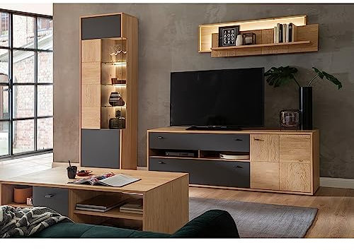 Lomadox Wohnwand Anbauwand Eiche Bianco teilmassiv 4-teilig Modern, 1 Vitrine, 1 Wandboard, 1 TV-Lowboard, 1 Couchtisch