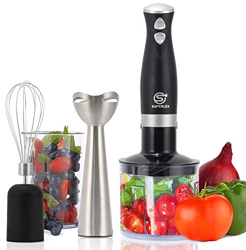 SUPERLEX 4-in-1 Hand Blender Set 700W, Immersion Stick Blender with 500ml Chopper, 700ml Cup & Whisk, Stainless Steel Blades for Soup, Baby Food, Smoothies (BPA-Free)