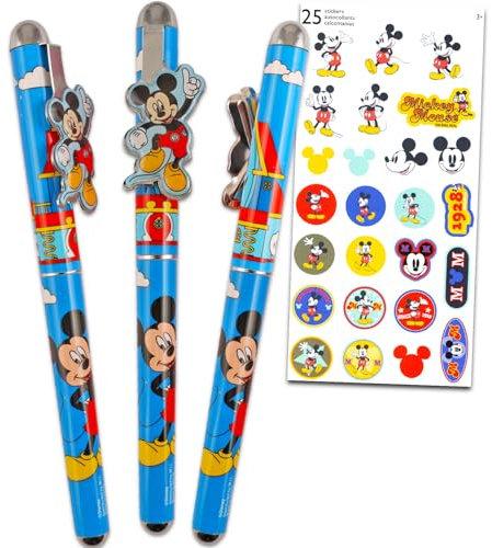 Disney Topolino - Penne per bambini con 3 penne Topolino con clip Plus adesivi | Accessori per computer Mickey Mouse per ragazzi e ragazze