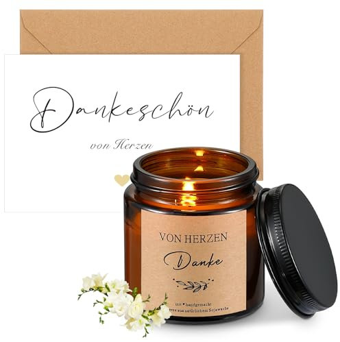 Sinmoe Dankeschön Geschenk Set Dankeschön von Herzen Jasmin Sojawachs Duftkerze im Glas Dankeskarte und Umschlag für Freunde Kollegin Frauen Lehrer Kinderzimmer Geburtstag Hochzeit Danksagung