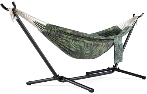 VonHaus Hammock with Stand - Freestanding 2 Person Hammock Seat with Steel Frame - Polycotton Material & Adjustable Frame for Garden - Travel Bag for Beach, Camping & Outdoors - Leaf Print