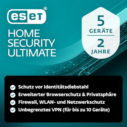 ESET HOME Security Ultimate 2026 | 5 Geräte | 2 Jahre | inklusive Firewall, Datenverschlüsselung, Ransomware-Behebung und VPN | Windows, macOS, Android und iOS Apps | Aktivierungscode per E-Mail