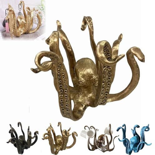 Octopus Mug Holder, Octopus Coffee Mug Holder, Octopus Mug Holder For Counter Top, Octopus Cup Holder, Retro Resin Octopus Desktop Statue (Color : Gold)