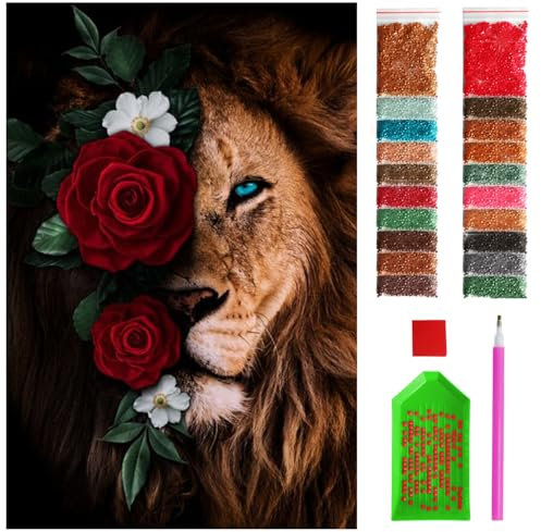ARTULIO Diamond Painting Set - Löwenporträt mit roten Rosen - 40x60 cm - Groß XXL - 5D Diamant Painting Bilder DIY, Diamond Painting Erwachsene