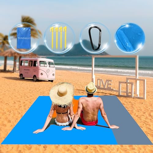 RUNMKUO Coperta da Spiaggia,Tappeto da spiaggia anti sabbia 210 x 200 cm, Coperte da picnic impermeabile, con 4 Picchetti Fixed per Picnic, Spiaggia, Viaggi, Escursionismo, Campeggio e Altro