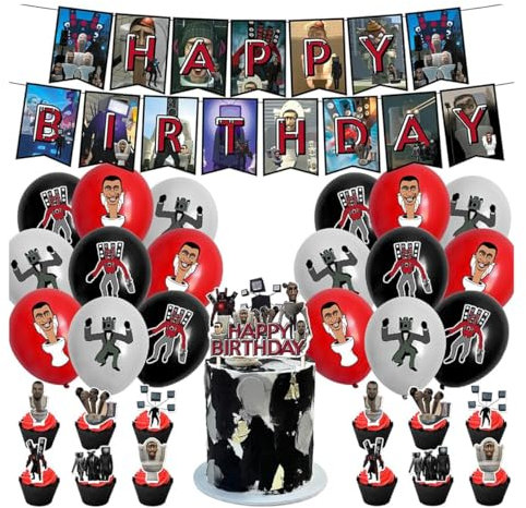 Skibidi Birthday Decorations Party Decoration Set, Toilet Birthday Decoration Balloons Toilet Cake Decoration Cupcake Topper Happy Birthday Banner Pack of 33