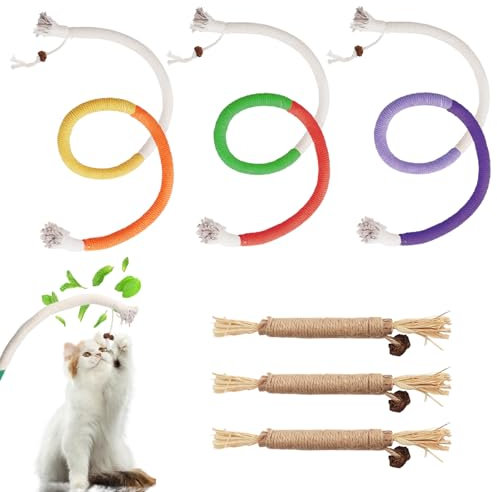 Pack de 3 Palos Masticables Silvervine y 3 Cuerdas de Hierba Gatera, Juguetes para Gatos y Gatitos, Juguete Interactivo Gato para Dentición, Juguetes Masticables Naturales para Gatos de Interior