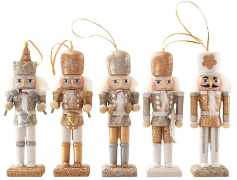 Christmas Nutcracker Ornaments Set, Wooden Christmas Nutcracker Soldier Figures Decorative Collectible Nutcracker 5 Inch Mini Nutcracker Figurines Christmas Tree Hanging Decorations, 5pcs Bling Gold