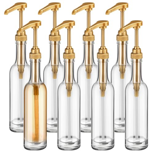 Baderke Glas-Kaffeesirup-Spenderflaschen für Kaffeebar, 375 ml Kaffeepumpspender, Glas-Sirupflasche mit Pumpen, Sirupspender, Kaffeebar-Zubehör, Klarglasflaschen (Gold), 8 Stück