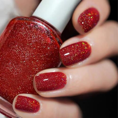 Glitter Nail Polish, glitter Nail Varnish, Quick Dry & Long Lasting nail polish, Sequin red Nail No UV Lamp Curing, Chip Resistant, Non-Toxic, Quick Drying, At Home & Salon Manicure (33#Sequin Red)