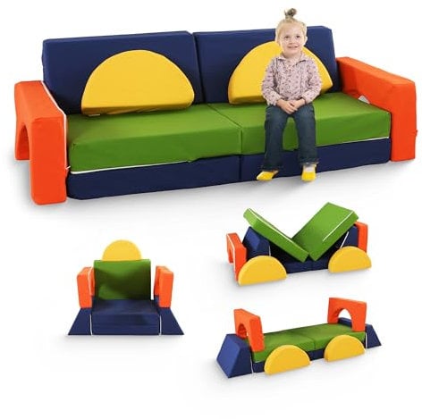 MKS Spielsofa Kindersofa aus Schaumstoff Bausteine - für Kinder & Kuschelecke im Kinderzimmer | Bestehend aus 10 Teilen für den Schlafbereich und das Spielzimmer (Bunt)