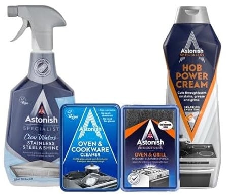 Astonish Oven Cleaning Kit - Hob Power Cream 500ml, Oven & Grill Cleaner 250g, Oven and Cookware Cleaner 150g, Stainless Steel Shine Spray 750ml
