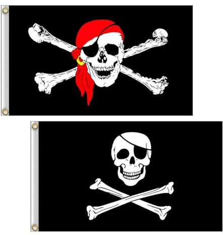 FUIPVGI 2 Stück Piraten-Flagge, 90x150cm Piratenflagge, Jolly Roger Flagge, Schädel Flagge, Jolly Roger Piraten Flagge, Fahne mit Totenkopfdesign, für Piraten Party, Halloween Dekoration (Schwarz)